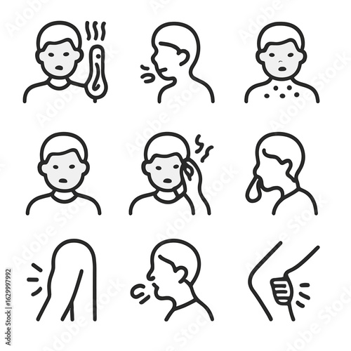 Disease Symptoms Icons. Outline icon set of disease symptoms: fever, cough, rash, fatigue, headache, nausea, swelling, shortness
