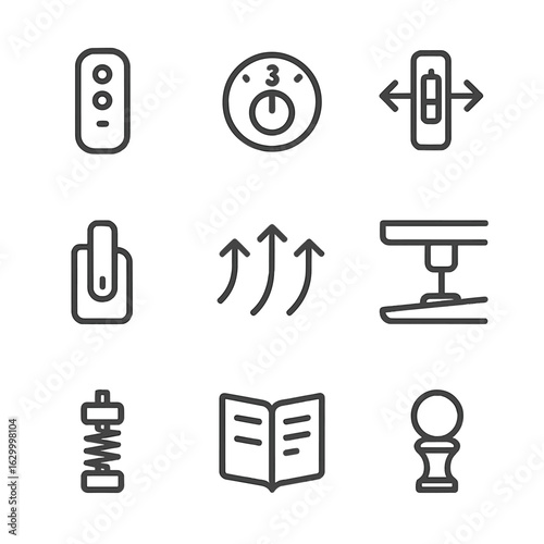 Home Appliance Controls. Outline icon set of final setup and operation: remote control, speed settings dial, reversible switch,