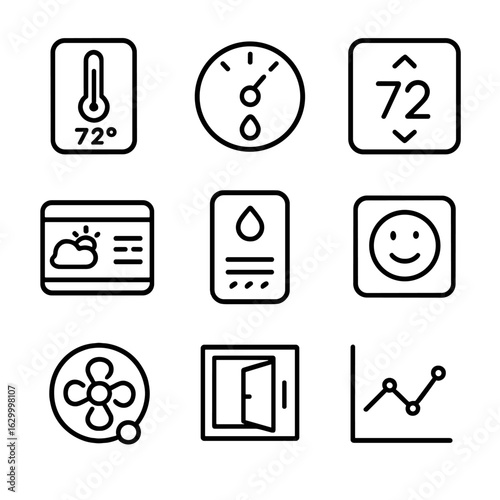 Home Climate Icon Set. Outline icon set of home climate monitoring: indoor digital thermometer, hygrometer gauge, thermostat