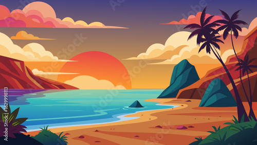 Vector art of idyllic beach scene with calm turquoise water, colorful sunset sky, and silhouetted palm trees against rocky cliffs