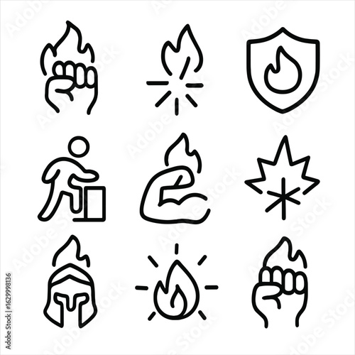 Resilience Icon Set. Outline icon set of inner fire in challenge and struggle: clenched fist flame, battle spark, shield fire,
