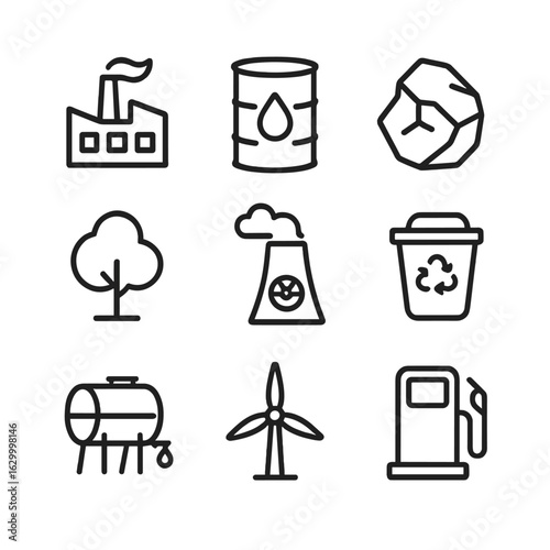 Resource Consumption Icons. Outline icon set of consuming resources: factory, oil barrel, coal, tree, gas pump, energy plant,