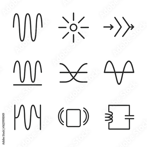 Resonance Icon Set. Outline icon set of resonance effects: amplified waves, vibration bursts, energy transfer, harmonic