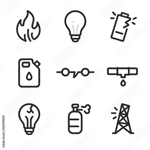 Entropy Energy Icons Set. Outline icon set of entropy in energy: dissipating flame, fading light bulb, bursting battery, leaking