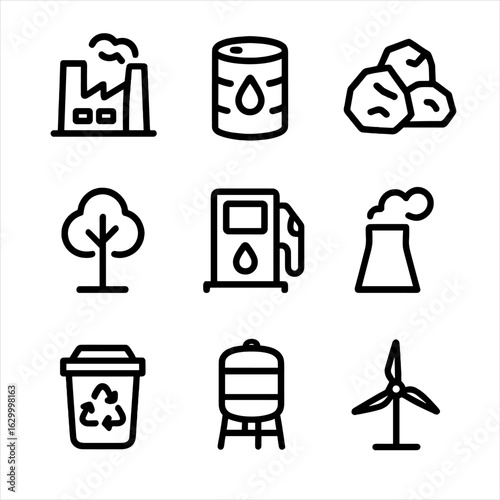 Resource Consumption Icons. Outline icon set of consuming resources: factory, oil barrel, coal, tree, gas pump, energy plant,
