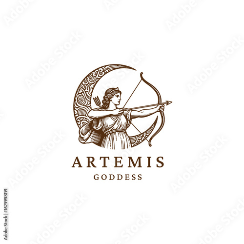 Elegant engraving-style illustration of Artemis, the Greek goddess of the hunt, wilderness, and moon