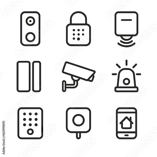 Home Security Icons. Outline icon set of home security automation: video doorbell, smart lock, motion detector, window sensor,