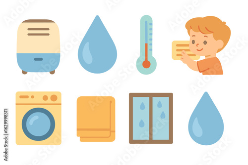 Humidity Control Icons. Flat vector mini-illustrations humidity and condensation control in colors children's illustrations: