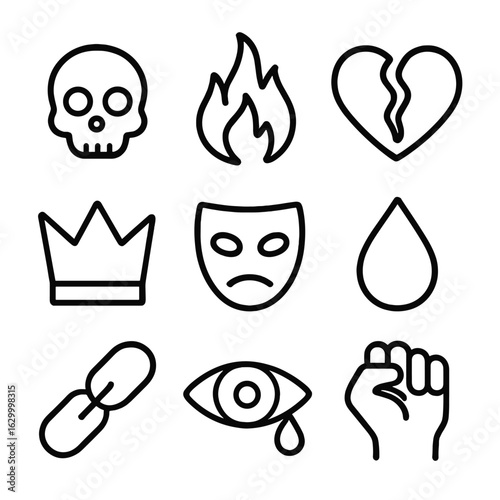 Revenge Symbol Icons. Outline icon set of revenge symbolism: skull, flame, broken heart, crown, mask, blood drop, chain, eye with