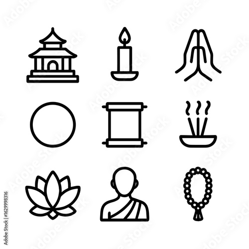 Reverence Icon Set. Outline icon set of reverence: temple, candle, folded hands, halo, scroll, incense, lotus flower, monk, prayer