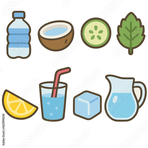 Hydrating Beverage Icons. Flat vector mini-illustrations hydrating beverages in colors children's illustrations: water bottle,