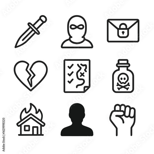 Revenge Icon Set. Outline icon set of revenge themes: dagger, masked figure, secret letter, broken heart, revenge plan, poison