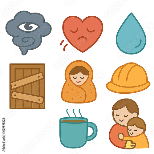 Hurricane Preparedness Icons. Flat vector mini-illustrations emotional response to hurricanes in colors children's illustrations: