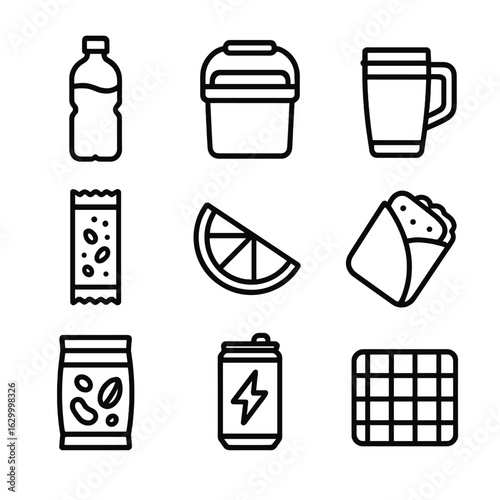 Hydration and Snack Icons. Outline icon set of hydration and snacks essentials: water bottle, insulated cooler, travel mug,