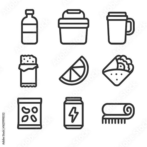 Hydration and Snack Icons. Outline icon set of hydration and snacks essentials: water bottle, insulated cooler, travel mug,