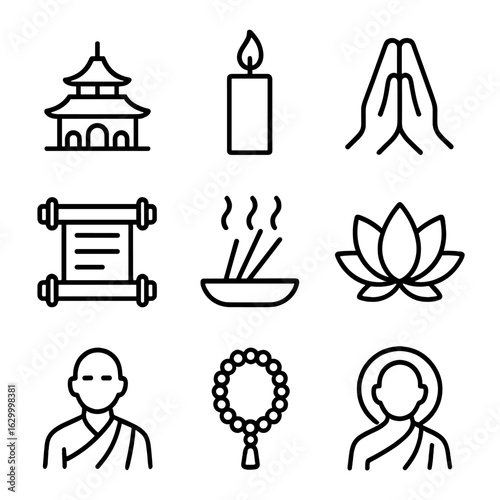 Reverence Icon Set. Outline icon set of reverence: temple, candle, folded hands, halo, scroll, incense, lotus flower, monk, prayer