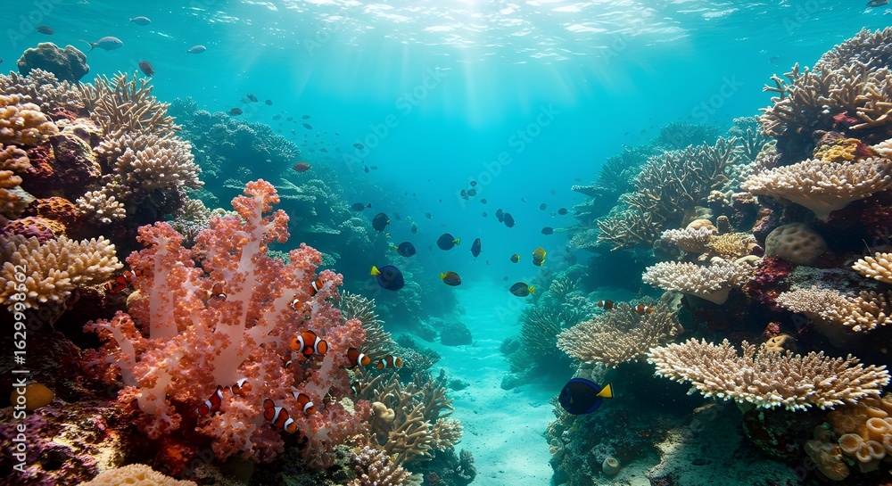 Fototapeta premium Colorful Coral Reef Underwater Scene with Tropical Fish
