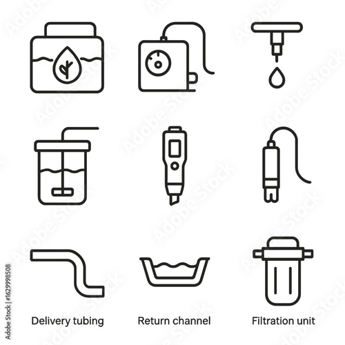 Hydroponic System Icons. Outline icon set of hydroponic nutrient and water systems: nutrient reservoir, water pump, drip emitter,