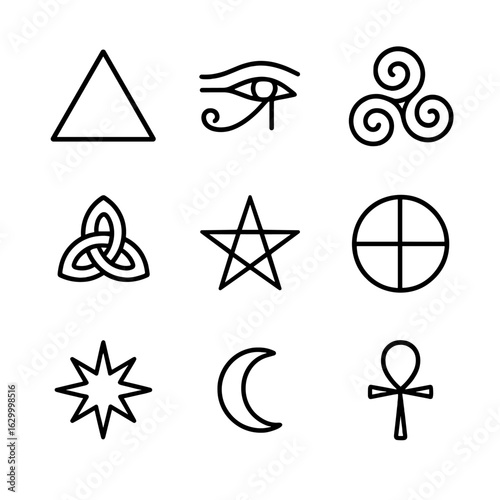 Divine Symbol Icons. Outline icon set of divine symbols and sigils: sacred triangle, eye of horus, triskelion, spiral knot,