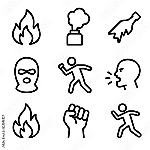 Riot Icon Set. Outline icon set of riot threats: fire, smoke bomb, broken bottle, mask, throwing rock, shouting face, flames,