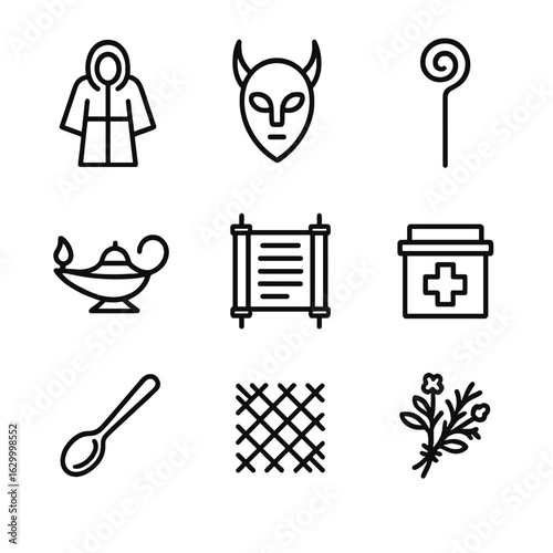 Ritual Accessories Icons. Outline icon set of ritual accessories: robe, mask, staff, oil lamp, chant scroll, ritual box, offering
