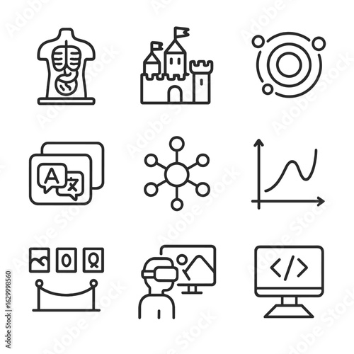 Immersive Learning Icons. Outline icon set of immersive learning content: anatomy model, historical reconstruction, planetary