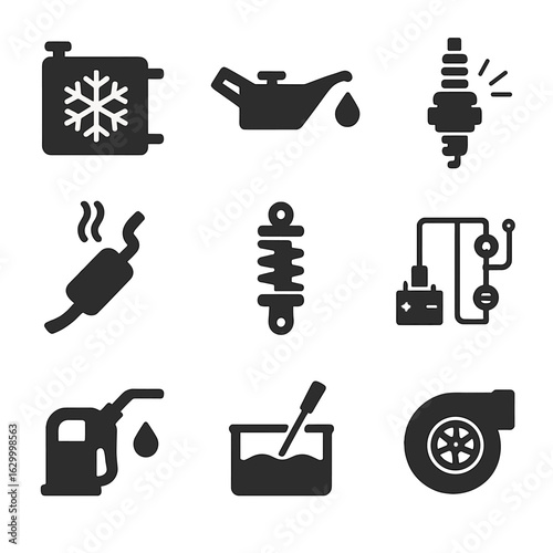 Car Systems Icons. Solid, filled icons set of car internal systems: cooling system, lubrication system,