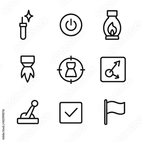 Rocket Engine Icons. Outline icon set of ignition sequence: spark igniter, engine start light, combustion chamber, flame jet,