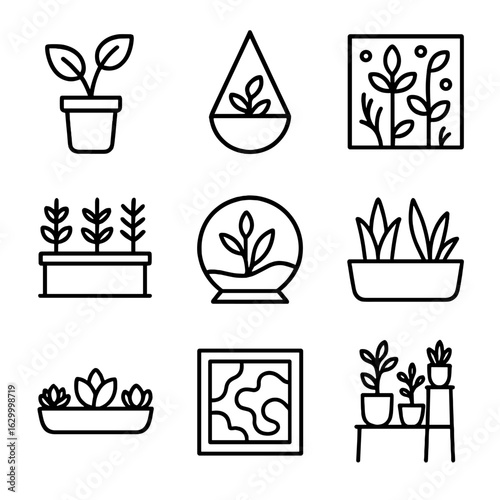 Indoor Plant Icons. Outline icon set of indoor greenery installations: potted plant, hanging planter, living wall panel, terrarium
