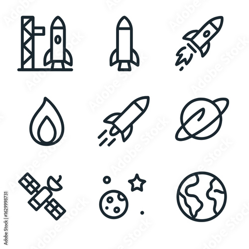 Rocket Trajectory Icons. Outline icon set of trajectory of a rocket: launch pad, rocket, propulsion, flame, ascent, orbit,