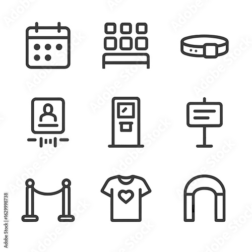 Event Logistics Icons. Outline icon set of event logistics: calendar icon, seat chart, wristband, badge scanner, ticket kiosk,