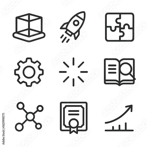 Innovation Workflow Icons. Outline icon set of innovation workflow: prototype, rocket, puzzle piece, gear, spark, research book,