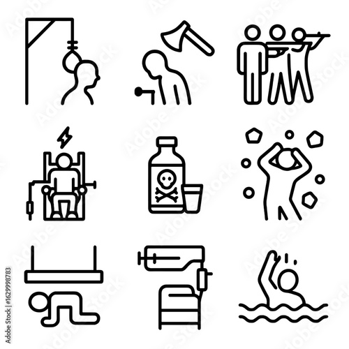Execution Methods Icons. Outline icon set of methods of execution: hanging, beheading, firing squad, lethal injection,