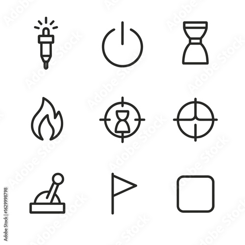 Rocket Engine Icons. Outline icon set of ignition sequence: spark igniter, engine start light, combustion chamber, flame jet,