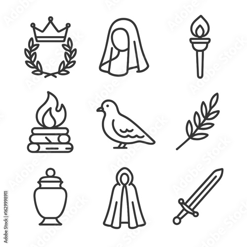 Royal Funerary Icons. Outline icon set of royal funerary symbols: crown wreath, mourning veil, torch, funeral pyre, mourning dove,