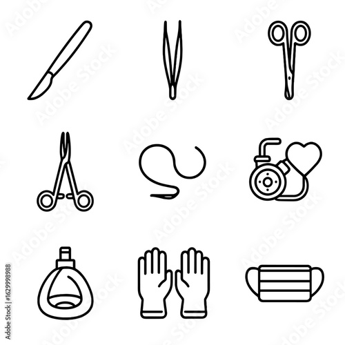 Cardiac Surgery Instruments. Outline icon set of cardiac surgery instruments: scalpel, forceps, surgical