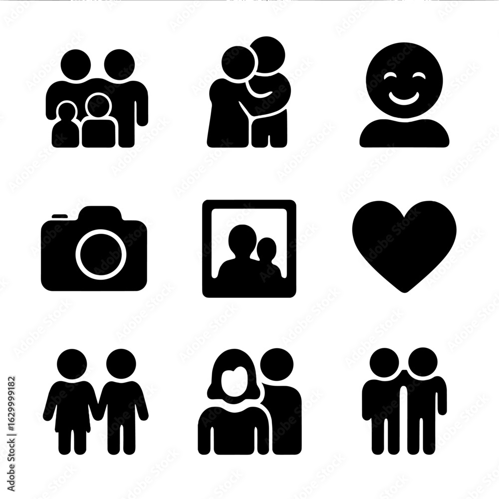 Family Icon Grid. Solid, filled icon set of family moments: family, hug, smile, camera, photo frame, love, children, parents, Family Icon Grid. Solid, filled icon set of family moments: family, hug, smile, camera, photo frame, love, children, parents,
