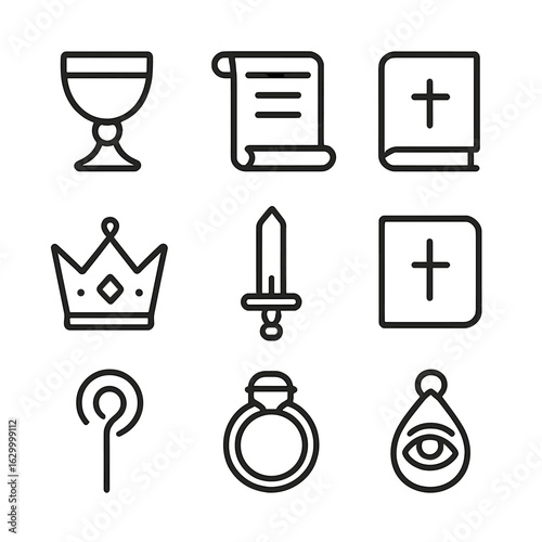 Sacred Objects Icons. Outline icon set of sacred objects: chalice, scroll, relic, crown, sword, book, staff, ring, amulet. Line