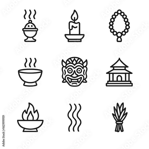 Sacred Ritual Icons. Outline icon set of scent in rituals and traditions: incense burner, candle, prayer beads, offering bowl,