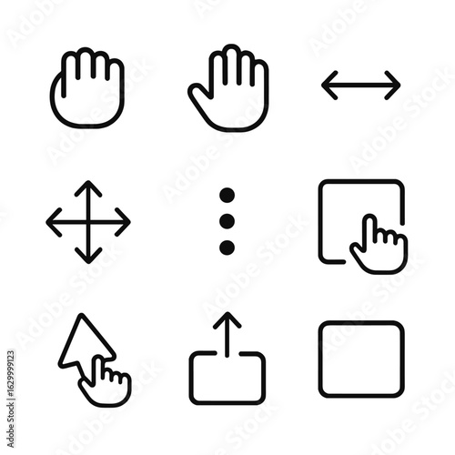 Drag Action Icons. Outline icon set of drag actions: hand grab, hand drag, drag arrow, move icon, drag handle, draggable box, drag