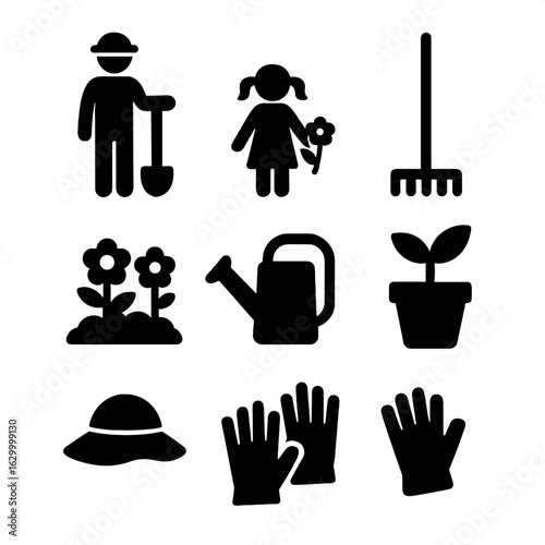 Family Gardening Icons. Solid, filled icon set of family gardening time: father, daughter, shovel, rake, flower bed, watering can,