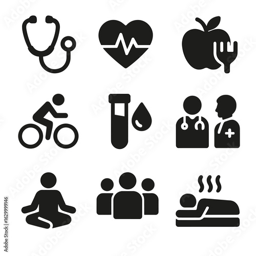 Cardiovascular Health Icons. Solid, filled icons set of cardiovascular health retreats: stethoscope, heart
