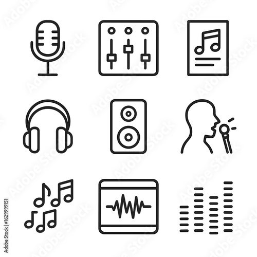 Jingle Production Icons. Outline icon set of jingle production: microphone, mixing console, sheet music, headphones, speaker,