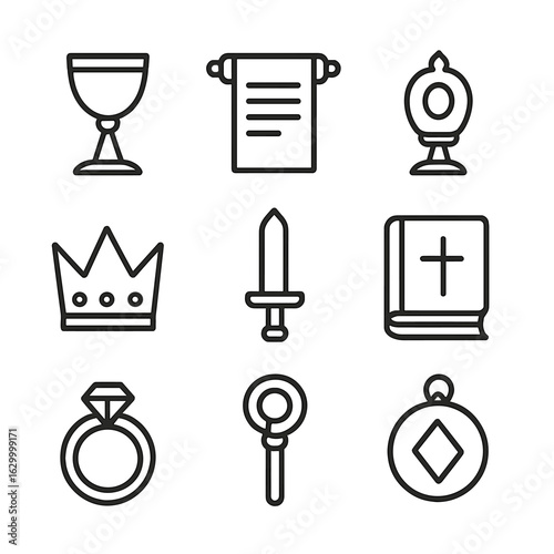 Sacred Objects Icons. Outline icon set of sacred objects: chalice, scroll, relic, crown, sword, book, staff, ring, amulet. Line