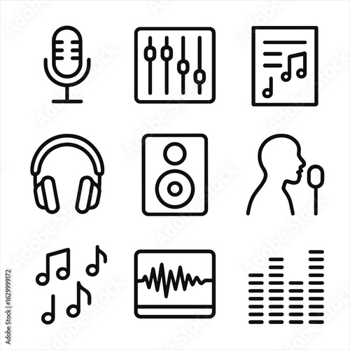 Jingle Production Icons. Outline icon set of jingle production: microphone, mixing console, sheet music, headphones, speaker,
