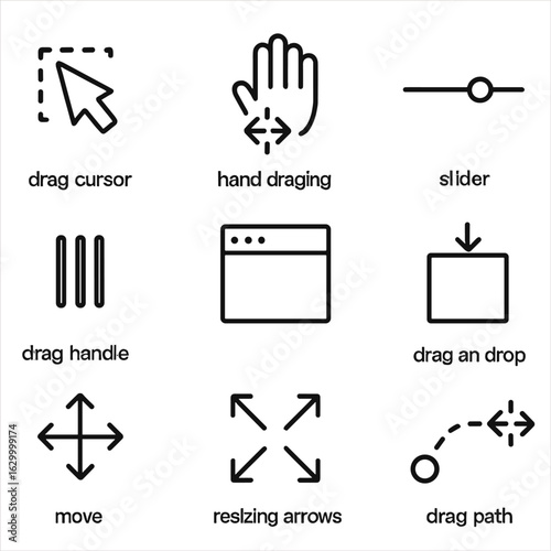 Drag Controls Icons. Outline icon set of drag actions and controls: drag cursor, hand dragging, slider, drag handle, draggable