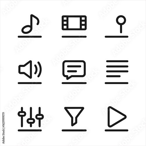 Drag Controls Icon Set. Outline icon set of drag multimedia controls: drag audio track, drag video clip, drag timeline, drag
