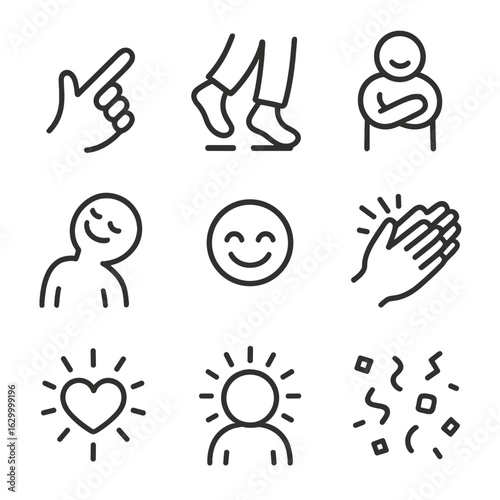 Joyful Gesture Icons. Outline icon set of spontaneous joyful gestures: tickle finger, jumping feet, arms wrapped around, head tilt