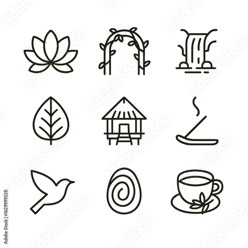 Jungle Yoga Icons. Outline icon set of jungle embedded yoga retreats: lotus flower, vine arch, waterfall, canopy leaf, bamboo hut,