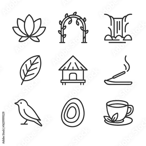 Jungle Yoga Icons. Outline icon set of jungle embedded yoga retreats: lotus flower, vine arch, waterfall, canopy leaf, bamboo hut,